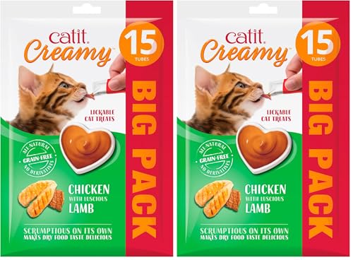 Catit Creamy Chicken & Lamb Lickable Cat Treats for Cats and Kittens, Cat Treat Licky Snack, Grain-Free Lick Treat, 15 x 10g Multipack (Pack of 2)