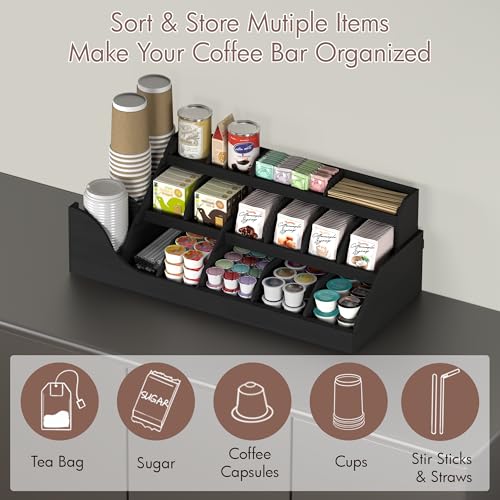 Image of Suli Exact Large Coffee Station Organizer,Wooden Countertop Pods Holder with Drawer,Storage for Condiment Syrup Tea Cups,Rustic Bar Decor for Accessories Organizer (3 Tiers 18 Compartments)-Black