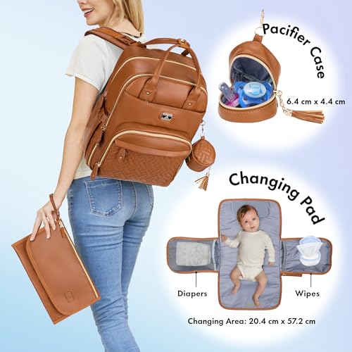Image of Dikaslon Leather Diaper Bag Backpack with Portable Changing Pad, Pacifier Case and Stroller Straps, Large Unisex Baby Bags for Boys Girls, Multipurpose Travel Back Pack for Moms Dads, Dark Brown