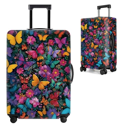 Image of Vibrant Butterfly and Floral Luggage Cover - Colorful Suitcase Protector for 20 to 22 Inch Luggage - Stretch Travel Cover with Nature-Inspired Design,S
