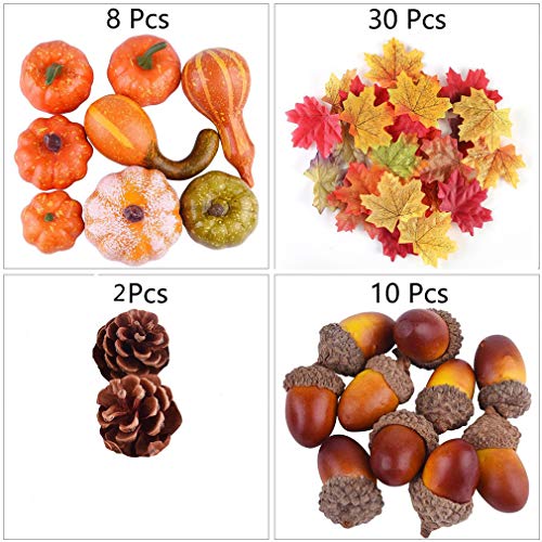 Image of Ulalaza 50pcs Artificial Pumpkins Home Decoration Set,30 Fake Maple Leaves + 10 Fake Acorns + 2 Fake Pinecones + 8 Fake Pumpkins