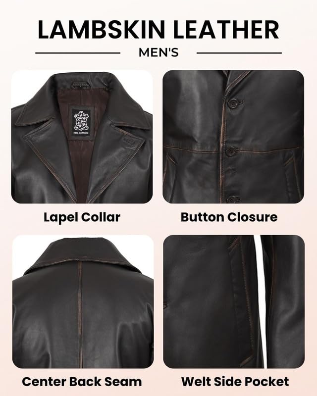Image of Blingsoul Men's Leather Car Coat - Genuine Lambskin Long Leather Jacket for Men, Real Leather Coat with Lapel Collar