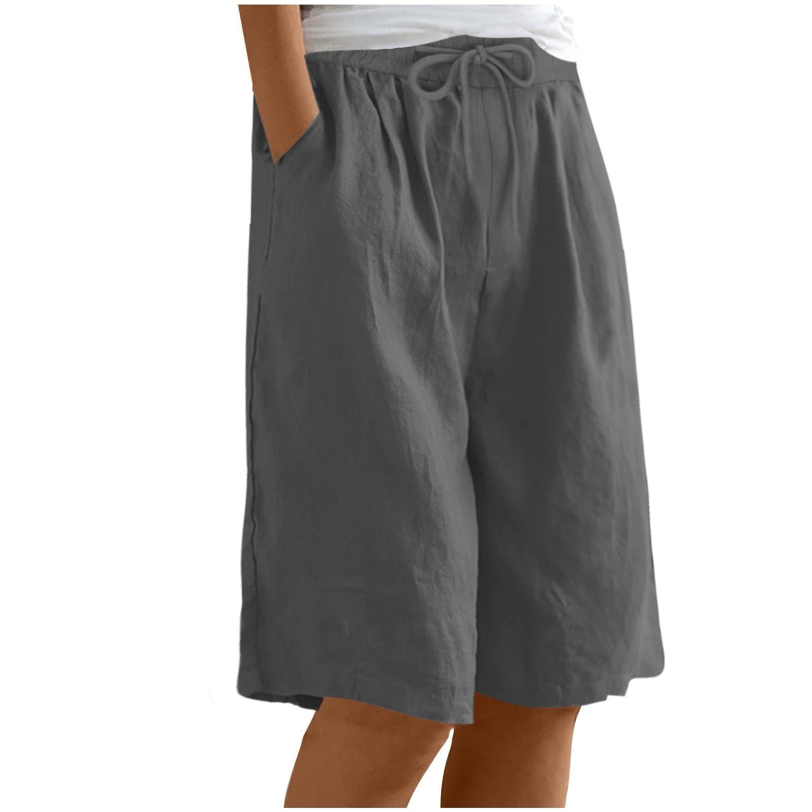 Cotton Linen Bermuda Shorts for Women Summer Wide Leg Knee Length Pants Casual Loose High Waist Shorts with Pockets(Dark Gray,3X-Large)