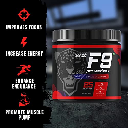 Image of Muscle Asylum F9 Series Pre-Workout Powder l 200g, 25 Servings l Cola l With Genuine Lab Reports l Boosts Energy & Endurance | Improves Focus | Revs Up Recovery | 1.5g Bcaa | 750mg Alanine | with 300mg Caffeine Per serve