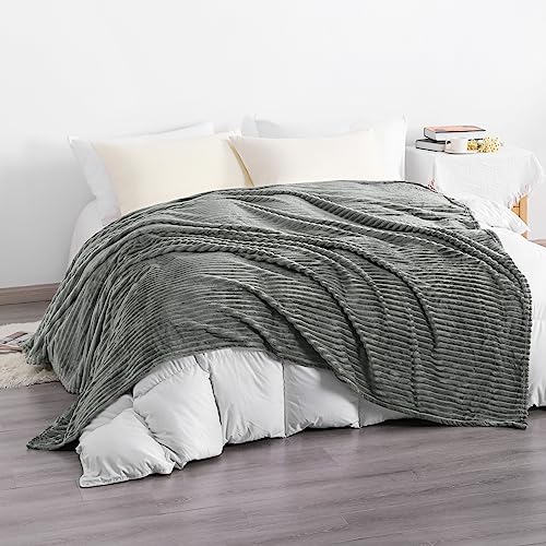 Couverture lit flanelle à rayures texture douce plaid gris chaud léger 152x203