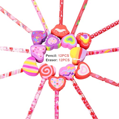 12 lápices Valentine con borrador de corazón gigante miniatura 4