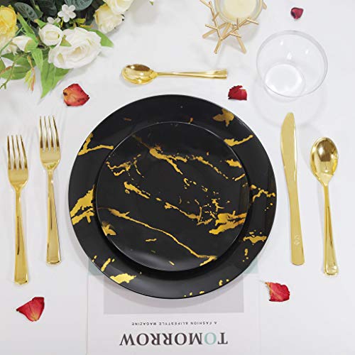 Bucla 30Guests New Year Plates - Black And Gold Plastic Plates With Disposable Prewrapped Silverware Bulk And Gold Cups- Marble Design Disposable Plastic Dinnerware-Ideal For Weddings And Parties #TOP2