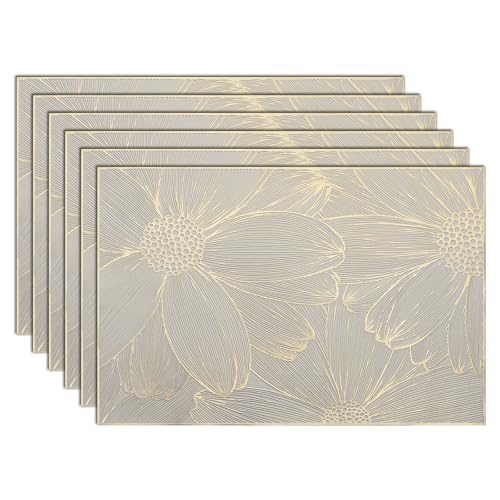 comfoyar Tischsets Gold Gänseblümchen 6er Set, rutschfeste Vinyl Blume Weiß Gepresst Platzsets Waschbare, wasserdichte Platzdeckchen für Innenbereich, Küche, Esszimmer Partytisch Dekoration(30x45cm)