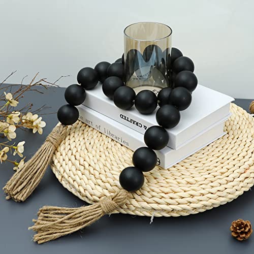 Large Black Wooden Beads Garland Farmhouse Decor 50inch long with 1.6" Diameter beads, Wood Beads Decor Tassel Garland Decorative Boho Country Decoration for Coffee Table Home Tiered Tray Wall Hanging