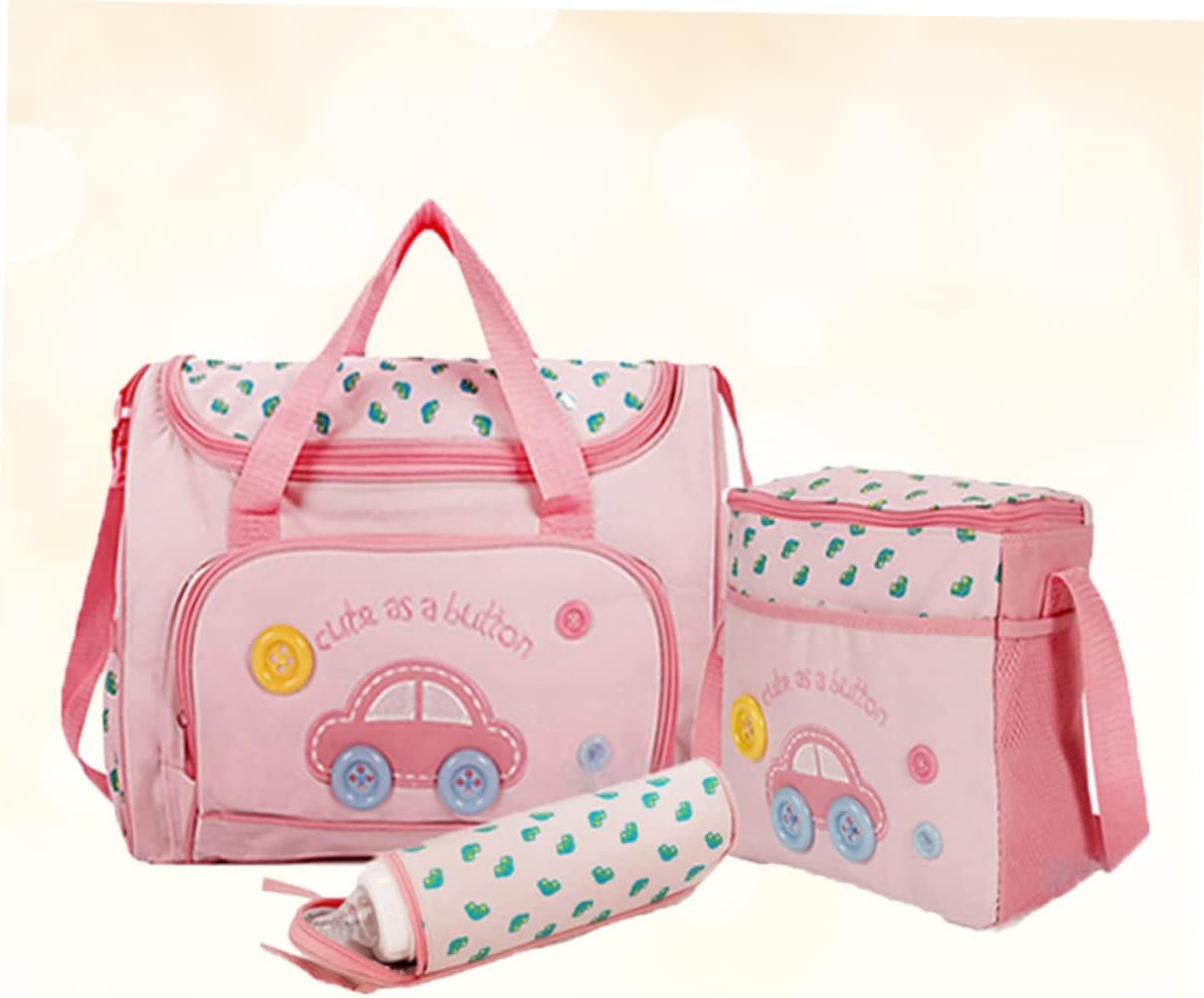 ibasenice Multi-function Diaper Bag Set Large Capacity Travel Mummy Tote Changing Pad Feeding Bottle Bag Stylish Pink Car Pattern for Parents The Go