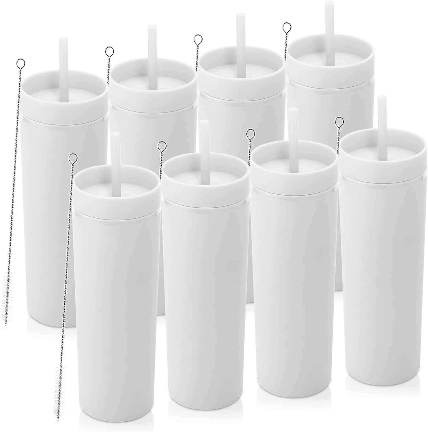 Volhoply 20oz Tumbler with Lid and Straw 8 Pack,Double Wall Plastic Skinny Tumblers Bulk,Reusable Travel Cute Coffee Mug,BPA Free Matte Acrylic Water Cups With Straw for Party,DIY Gifts(White,8 Set)