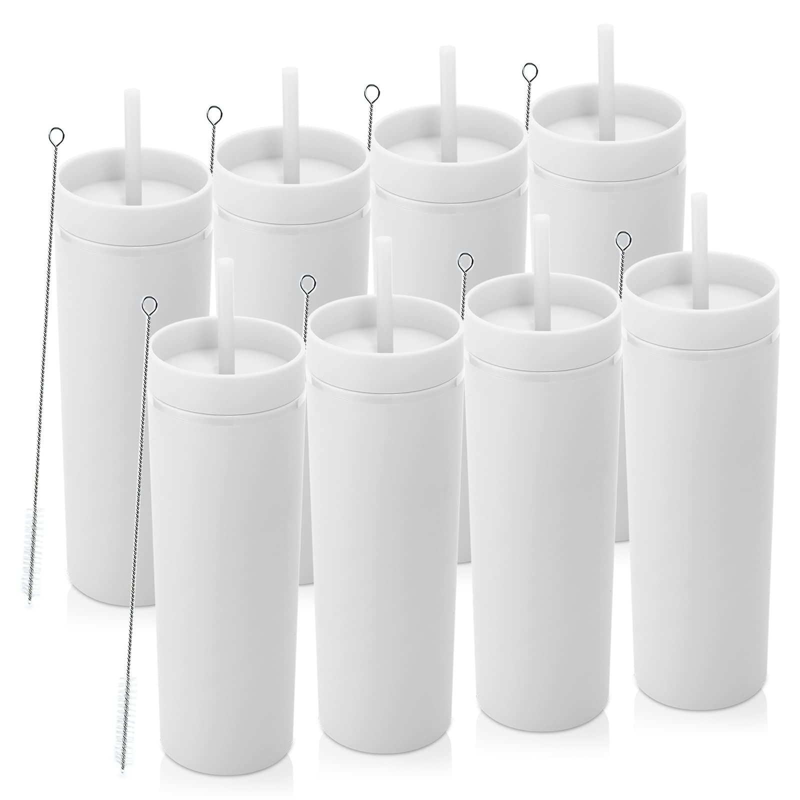 Volhoply 550ML Tumbler with Lid and Straw 8 Pack,Double Wall Plastic Skinny Tumblers Bulk,BPA Free Matte Acrylic Water Cups for Parties(White,8 Set)