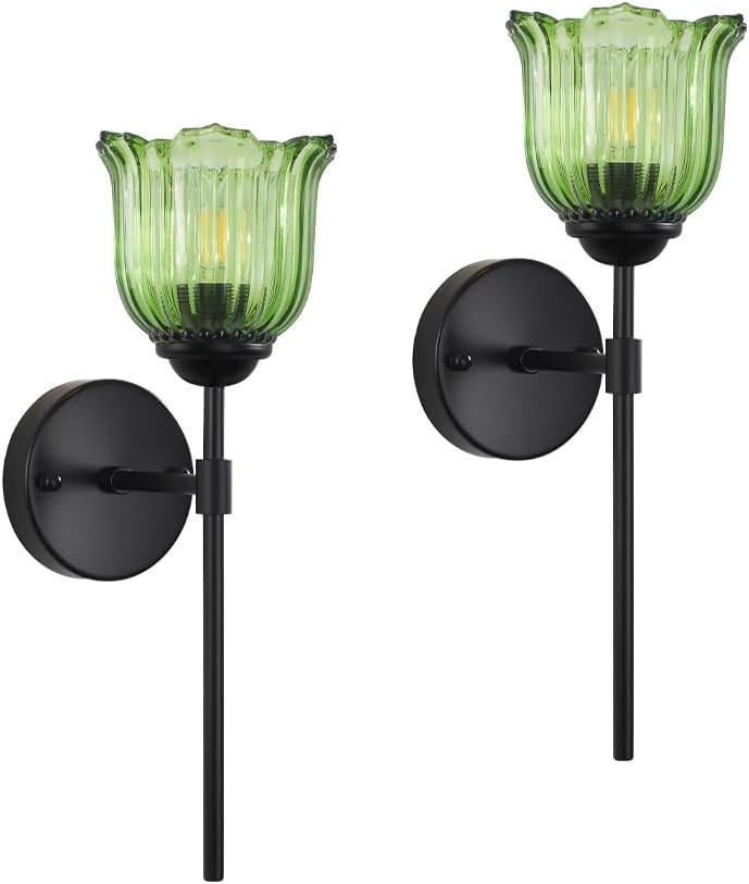 Black Wall Sconces, Farmhouse Wall Lights with Green Glass Flower Shade, Hardwired Wall Mount Light Fixtures for Living Room, Bathroom, Bedroom, Hallway, 2 Pack