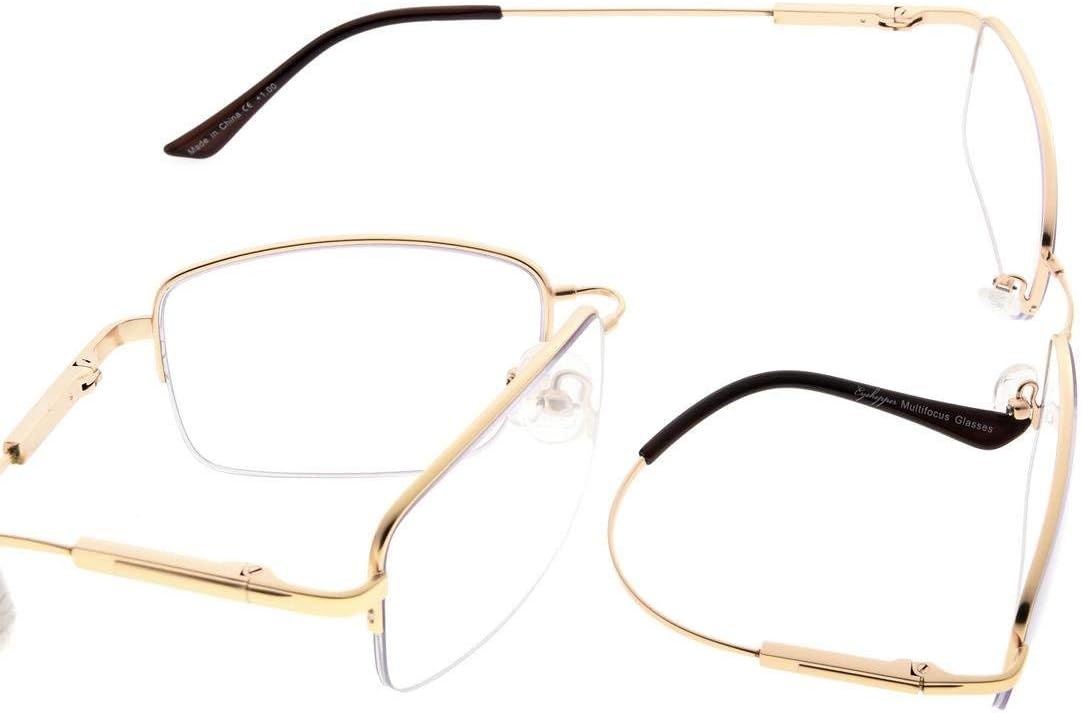 Eyekepper Half-Rim Progressive Readers 3 Levels Vision Multifocus Glasses Anti UV Reading Glasses Men Bendable Memory Frame (Gold, 1.00)