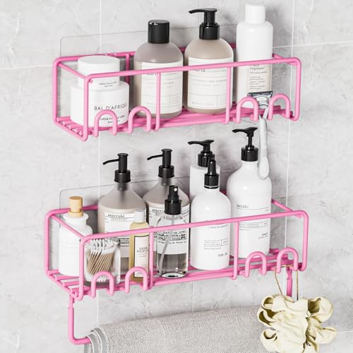 necvha Adhesive Shower Caddy, Shower Shelves with Rustproof Coated, Wall Mounted Bathroom Organizer, Sleek Bathroom Organizers and Storage, No-Drilling (Pink, 2 Pack)