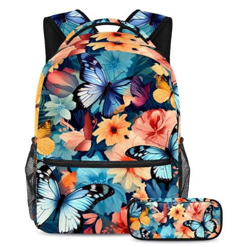 Sac à dos papillon avec trousse pour l'école et le voyage