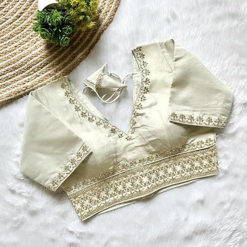 Image of Pujia Mills Women's Silk Jari Embroidery Sequence Work Round Neck Half Sleeve Readymade Blouse