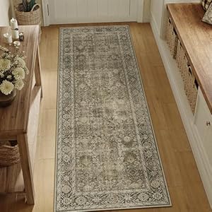 Black Runner Rug 2x5 Vintage Area Carpet Hallway Indoor Kitchen Washable Living Room Low Pile Traditional Distressed Retro Accent Throw Rug Non Slip for Laundry Bathroom Office Dining Room 2