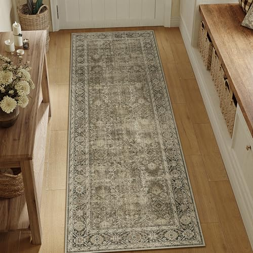 PureCozy Light Brown 2x5 Vintage Area Rug Hallway Indoor Kitchen Washable Living Room Carpet Tribal Distressed Rug Retro Accent Throw Rug for Office Dining Room Bathroom Faux Wool 2' x 5' (R
