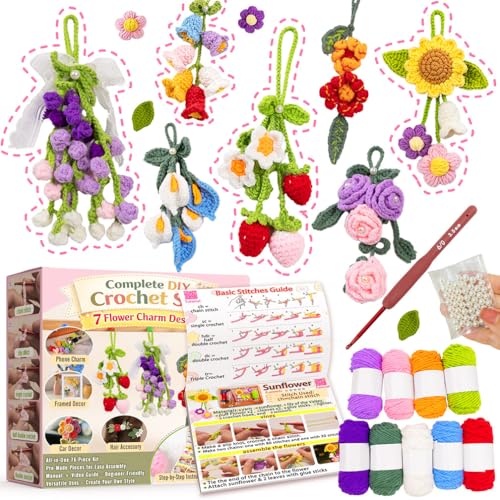 Kit de crochet pour débutants de loisir créatif DIY : 7 fleurs de décoration auto