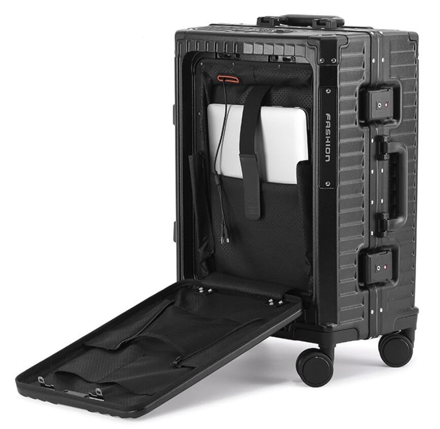 FengMingoo20-Inch Aluminum Framed Travel Luggage,SuitcaseTrolley Hand Cabin Luggage With Spinner Wheels, Front opening lid，TSA lock, Cup Holder & USB Port Charging，Mobile phone holder and hook（black）