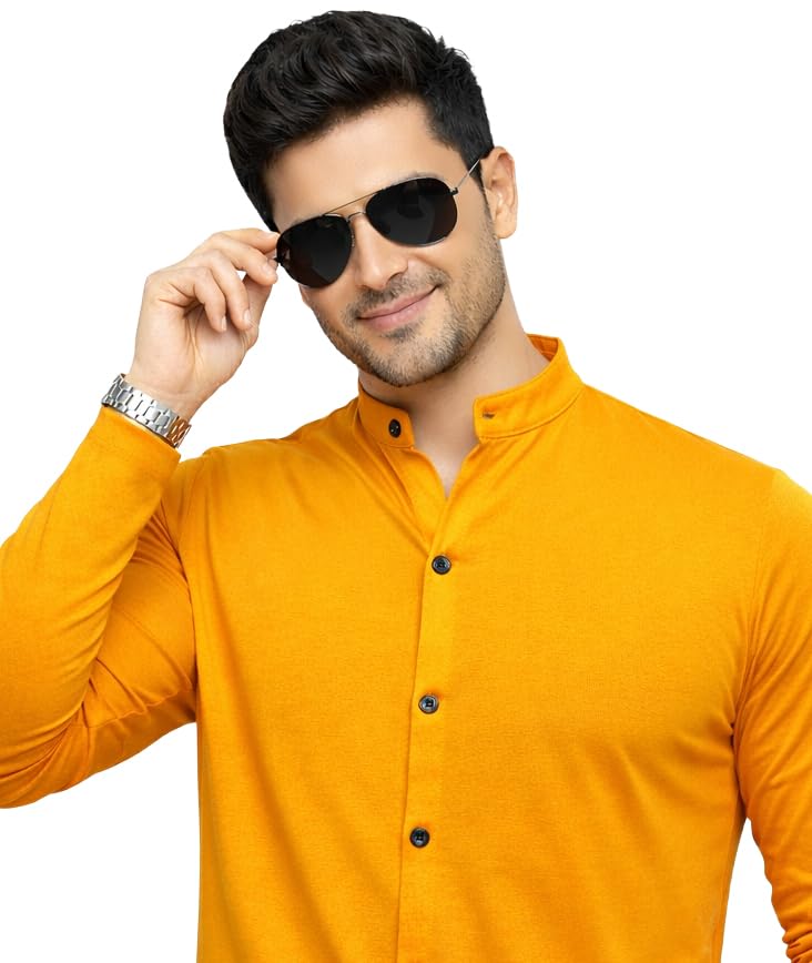Image of Blisstone Men's Band Collar Shirt - Full Sleeve Slim Fit Casual Cotton Blend Mandarin Collar Button Down Shirt