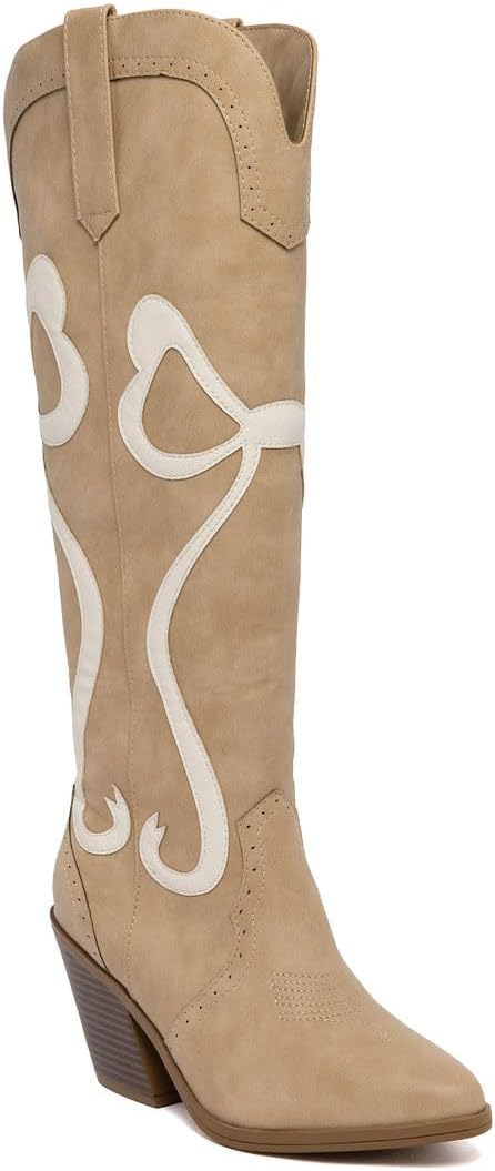 Women's Western Cowboy Boots – Mid-Calf Pointed Toe Booties with Stitch Detailing/Perforated Design – Pointed Toe, Block Heel, Pull-On Fit