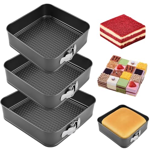 YXHZVON Lot de 3 Moules à Charnière en Forme de Carré, 24/26/28 cm Moules à Gâteau en Forme de Carré Anti-adhérent, Moule à Charnière avec Base Plate Amovible en Acier Inoxydable