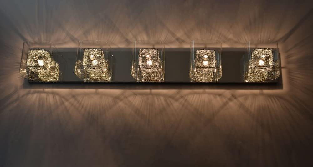 ET2 E22835-18SVPC Gem Modern Clear Crystal/Metal Cubes Bath Vanity Wall Mount with Silver Shade, 5-Light Xenon 200 Total Watts, 5" H x 39" W, Polished Chrome