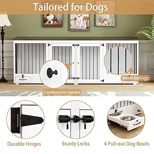 Furniture Style Large Dog Crate for 2 Dogs, 86.6" Heavy Duty Wooden Dog Kennel with Dog Bowl Drawers & Divider, Indoor Furniture Style Dog Kennel for Large Medium Dogs, White Furniture Style Large Dog Crate for 2 Dogs 866 Heavy Duty Wooden Dog Kennel with Dog Bowl Drawers Divider Indoor Furniture Style Dog Kennel for Large Medium Dogs White