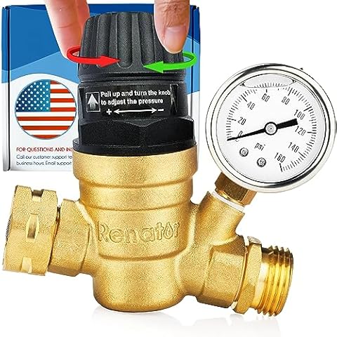 Renator RV Water Pressure Regulator for RV Camper. Brass Lead-free Adjustable RV Water Pressure Regulator with Gauge. RV Water Regulator for Camper Travel Trailer, Reducer Valve W Filter. M22-0660R. Cover