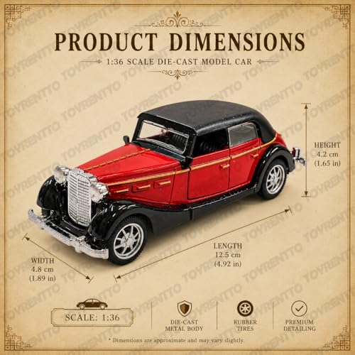 Image of 1:36 Scale Vintage Classic Toy Car Pull Back Action Die Cast Metal Model Car Red Black Retro Collectible Vehicle with Opening Doors for Kids Boys Girls Gift