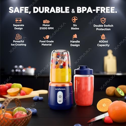 Image of Xapiaxa Portable Blender USB Rechargeable Smoothie Maker with 6 Stainless Steel Blades, 3-Speed Electric Juicer, 1500mAh Battery Personal Mini Mixer Cup for Home, Travel & Gym (Multicolor)