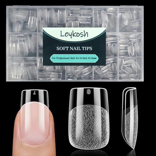 Leykosh Short Square Nail Tips - 15 Sizes 330PCS Soft Gel Fake Nails Half Matte Full Cover Pre-Shaped Clear Press On Acrylic Nails No C Curve for Extension DIY Home Manicure for Women