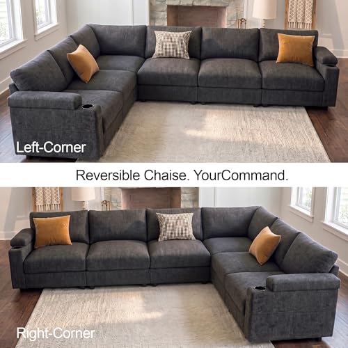Image of Sectional Couches for Living Room FSC Certified Chenille Modular Couch Oversized Cloud U Shaped Convertible Sleeper Sofa Chaise Detachable Armrest Cushion (Chenille Grey, L Shape 6 Seat)