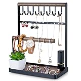 PAMANO Jewelry Stand Holder, 4-Tier Necklace Hanging Wooden Ring Organizer Earring Tray, 8 Hooks 12 Earrings Holes Storage Necklaces, Bracelets, Rings & Watches On Desk Tabletop - Black