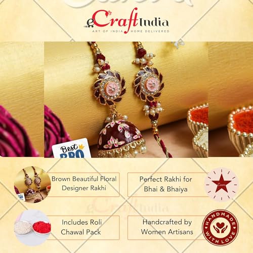 Image of eCraftIndia Brown Beautiful Floral Designer Bhaiya Bhabhi Rakhis with Best Bro Ever Fridge Magnet | Set of 2 Rakhi for Brother and Bhabhi | Lumba Rakhi | Roli Chawal Pack