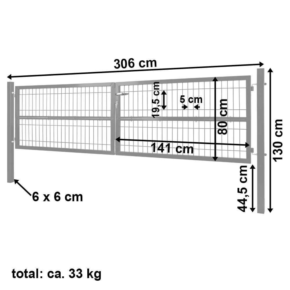 Gartentor Tor 300 x 80 cm Gartenzaun Zaun Doppelflügelig Gartentür aus Metall für Stabmattenzaun Abschließbar inkl. Pfosten Grün V2Aox