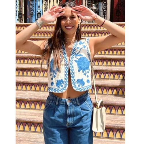 Embroidered Vest Tops for Women Vintage Sleeveless Floral Open Front Boho Cardigan Vest2