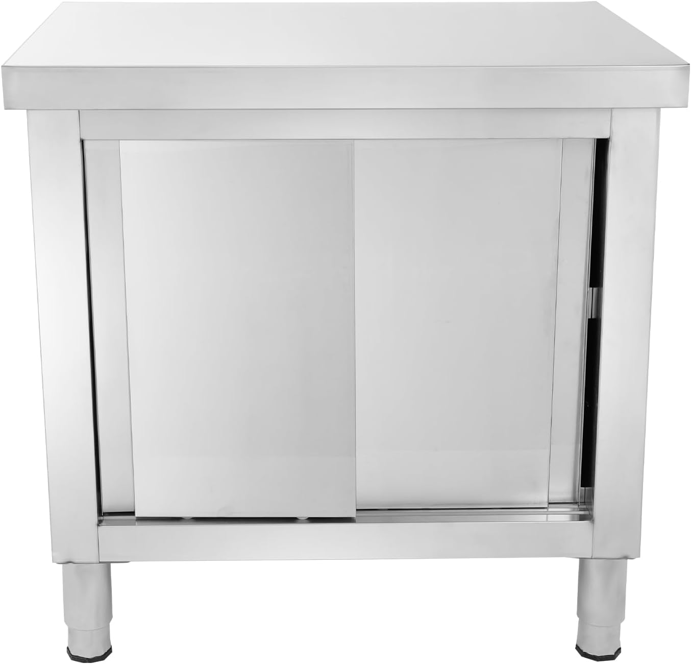 Stainless Steel Work Table with Cabinet, Heavy Duty Food Prep Worktable with 2 Sliding Doors, Commercial Kitchen Workbench with Adjustable Feet, Storage Cabinet for Kitchen Restaurant Garage