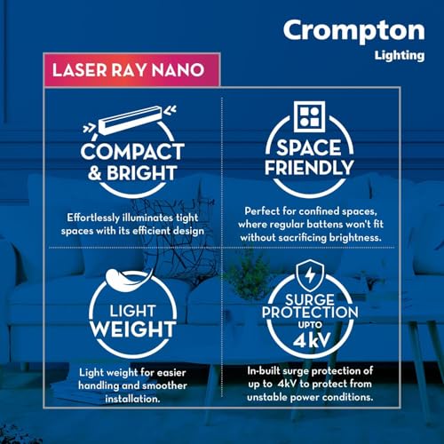 Image of Crompton Laser Ray Nano 20W LED Batten Light | 2 Feet Slim Tubelight for Living Room, Bedroom & Home | Energy Efficient Integrated LED Batten | Cool Day Light 6500K | Pack of 1 (Pack of 1)