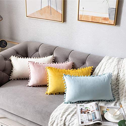Dezene Throw Pillow Cases 12X20 Light-Blue: 2 Pack Cozy Soft Pom-Poms Velvet Rectangular Decorative Pillow Covers For Farmhouse Home Decor #TOP4