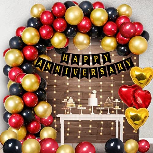 Party Propz Large Happy Anniversary Decorations - 71 Pcs Red and Gold Anniversary Decorations for Bedroom | Happy Anniversary Foil Balloons for Anniversary Decor | Romantic Heart Balloons Decorations