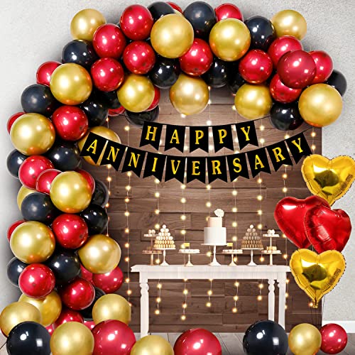 Party Propz Large Happy Anniversary Decorations - 71 Pcs Red And Gold Anniversary Decorations For Bedroom | Happy Anniversary Foil Balloons For Anniversary Decor | Romantic Heart Balloons Decorations #TOP13