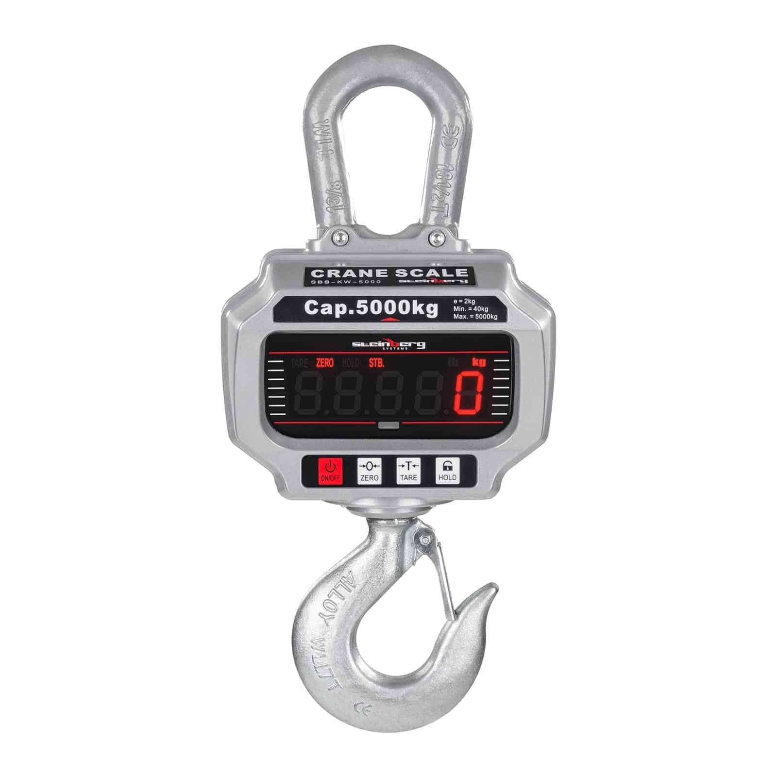 Steinberg Systems - Kranwaage Hängewaage (5 t / 2 kg, kg/lbs Gewichtseinheitenwechsel, Aluminiumdruckguss, Akku 6V/4Ah, LED) Silber