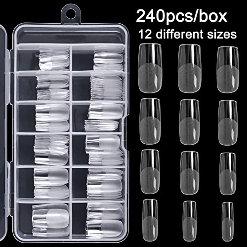 Aoraem Square Nail Tips,240Pcs Artificial Full Cover Nail Tips Soft Clear Gel Tips 12 Sizes Square Sharp False Nails With Box For Home Diy Nail Salon(240-Half Matte Square) #TOP4