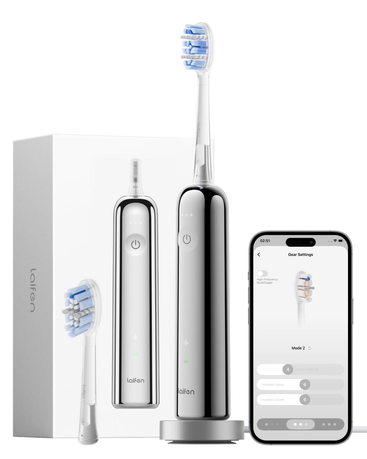 Laifen Wave Pro Spazzolino Elettrico Sonico per Adulti – Spazzolino Sonico con Oscillazioni a 60°, App Intelligente, Batteria da 70 Giorni, 2 Testine, Impermeabile IPX8(Acciaio Inossidabile)