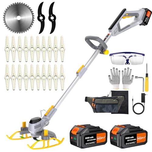 WeGofly 20CM Akku Rasentrimmer, (2 x 21V 5.0A Akku und schnelles Ladegerät), 4-in-1-Rasentrimmer/Radkantenschneider/Mini Rasenmäher/Freischneider, Motorsense Akku Mit 3-Schneidemethoden 1