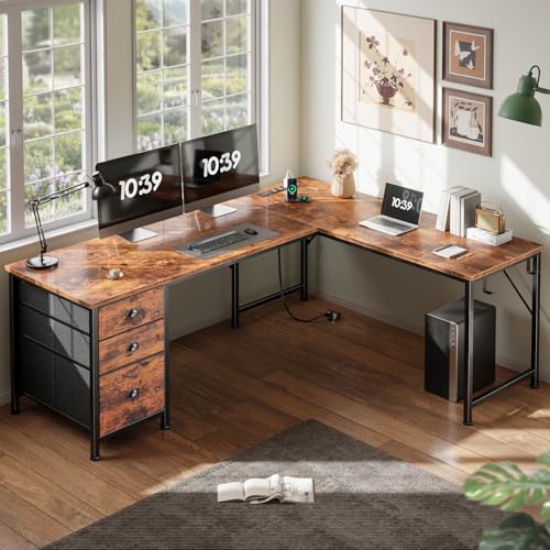 Image of Furologee 63 inch L Shaped Desk with Power Outlets & USB-C Port, Reversible Corner Computer Desk with 3 Fabric Drawers, Hooks, Large Home Office Desk for Gaming, Writing, Work, Rustic Brown