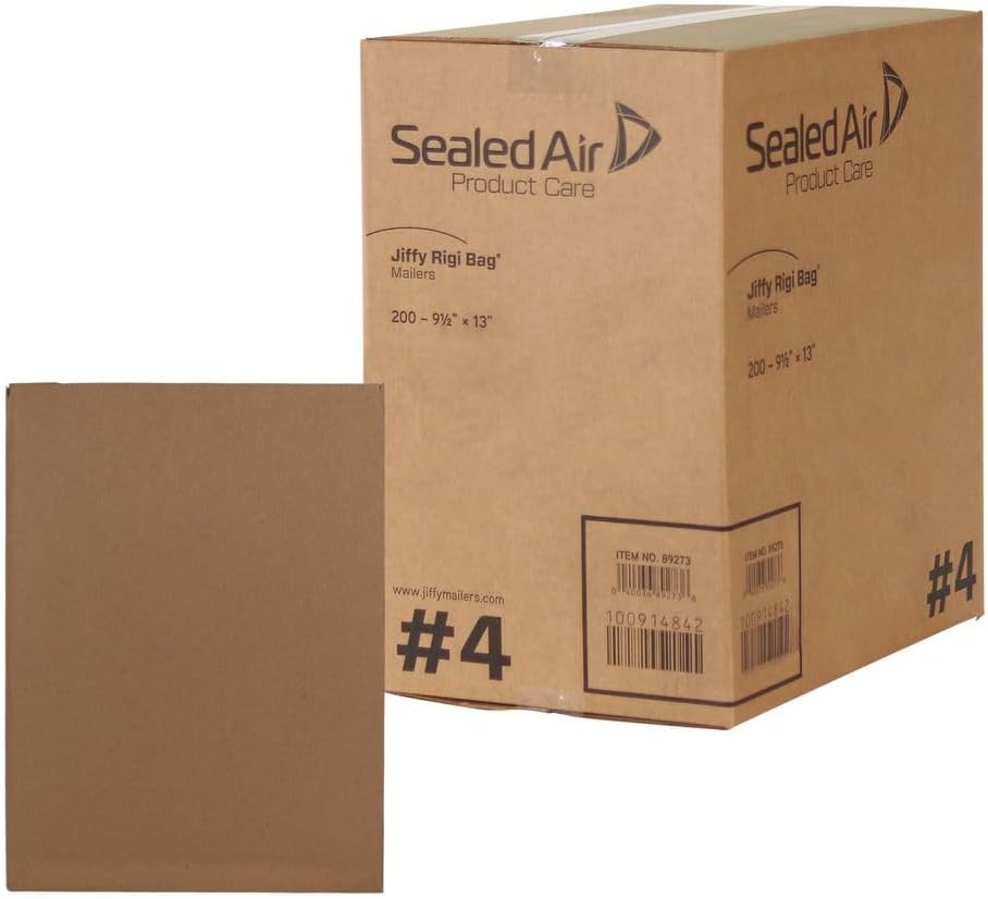 Sealed Air Jiffy Rigi Bag Shipping Rigid Mailers, Case of 200, Recycled Bend Free Puncture Proof Fiberboard Mailing Envelope, #4-9.5" x 14.5", Kraft